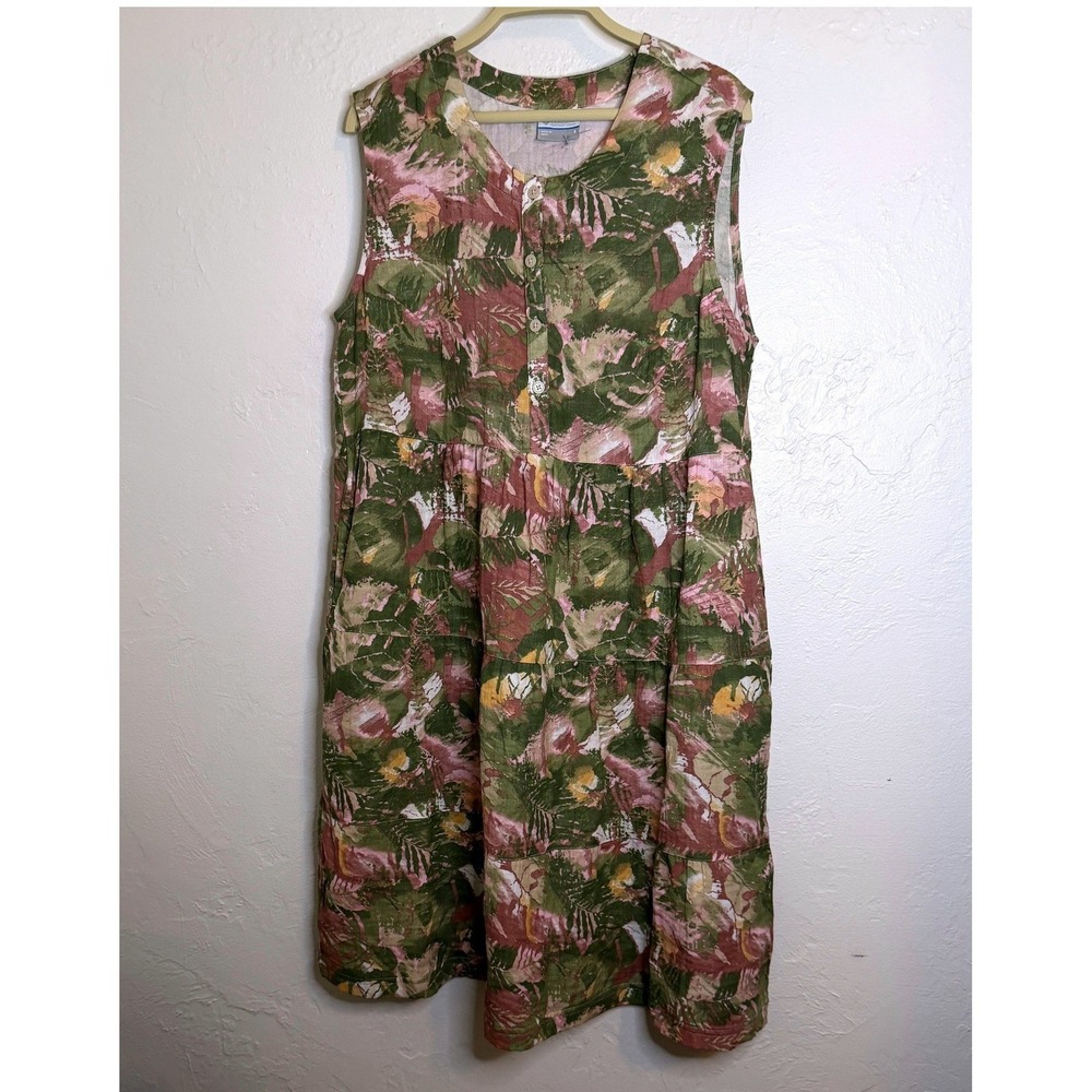 Columbia Small Green Pink Tropical Leaf Tiered Sleeveless Midi Dress Pocket